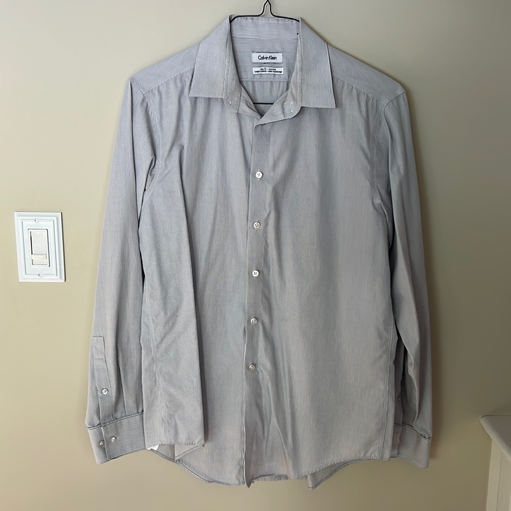 Calvin Klein button front dress shirt size 16 34-35 in grey and white stripe.